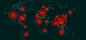 Mapa mundial que ilustra la propagación del COVID-19 con íconos de virus resaltados en distintos continentes