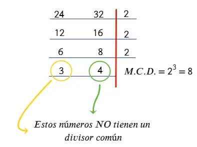 Cálculo del MCD de 24 y 32 mediante divisiones simultáneas