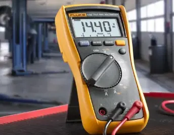 Multímetro digital Fluke 115 que muestra una lectura de 14,40 V en su pantalla, con cuatro cifras significativas