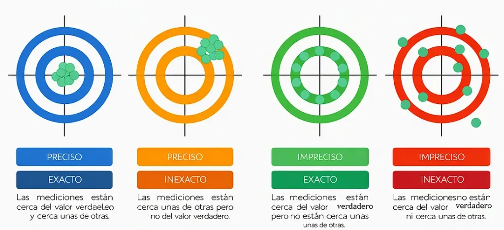 Diagrama comparativo de precisión y exactitud con cuatro dianas de colores sobre fondo blanco, mostrando diferentes distribuciones de puntos de medición