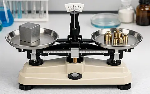 Balanza de laboratorio con platillos midiendo la masa de un objeto