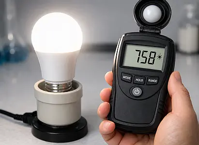 Fotómetro midiendo la luz emitida por una bombilla LED