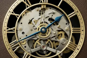 Fotografía de la carátula transparente de un reloj análogo de estilo antiguo con números romanos y engranajes dorados expuestos, mostrando dos manecillas de color azul destacadas sobre el centro (el horario corto apuntando hacia las dos y el minutero largo apuntando hacia las ocho)