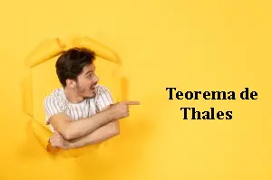 Fotografía de un joven asombrado saliendo de un fondo rasgado de color amarillo mientras apunta con el dedo hacia el texto central en negro que dice Teorema de Thales