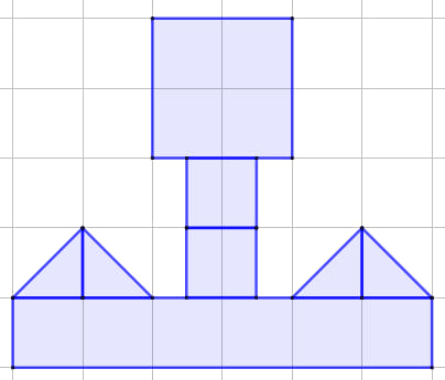Esquema geometrico sobre una cuadricula que muestra una figura compuesta sombreada en azul claro, conformada por una base rectangular, dos estructuras triangulares a los lados y una torre vertical formada por rectangulos y un cuadrado superior