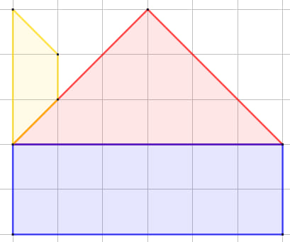 Esquema geometrico sobre una cuadricula que muestra figuras sombreadas en diferentes colores, incluyendo una base rectangular azul, un triangulo central rojo y una seccion amarilla latera