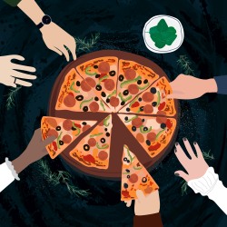 Ilustración cenital de una pizza dividida en porciones con varias manos alrededor tomándolas, utilizada como analogía visual e introductoria para el estudio de ecuaciones lineales y partes proporcionales