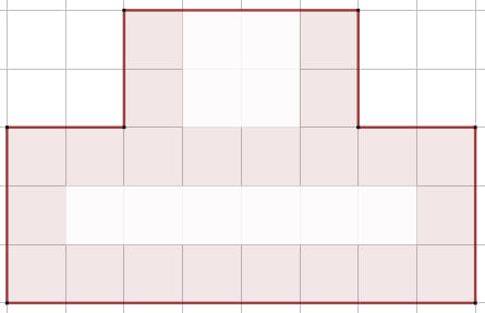 Esquema geometrico sobre una cuadricula que muestra una figura poligonica con contorno rojo y areas sombreadas que forman una estructura simetrica con espacios interiores vacios