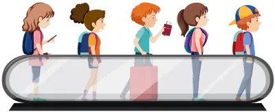 Cinco personas jóvenes con mochilas y maletas moviéndose en una cinta transportadora de aeropuerto, ilustrando el concepto de Movimiento rectilíneo uniforme (MRU)