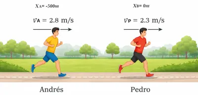 Diagrama en una dimensión de dos personas trotando en MRU: Andrés parte en x = -500 m con 2,8 m/s y Pedro en x = 0 m con 2,3 m/s, ambos hacia la derecha, situación de alcance