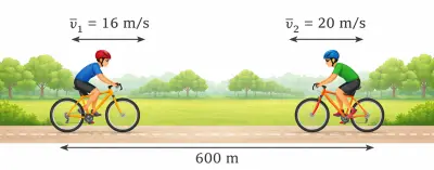 Diagrama en una dimensión de dos ciclistas en MRU moviéndose en sentidos contrarios, separados 600 m, con velocidades de 16 m/s y 20 m/s.