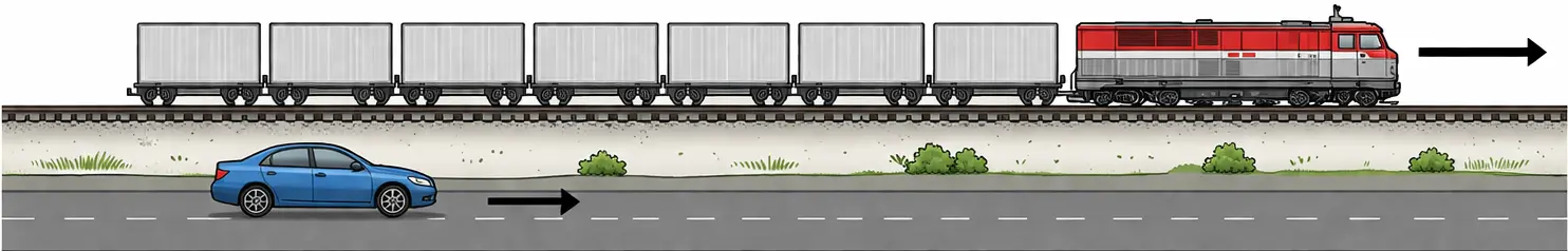 Auto y tren en movimiento rectilíneo uniforme en carretera y vía paralela.