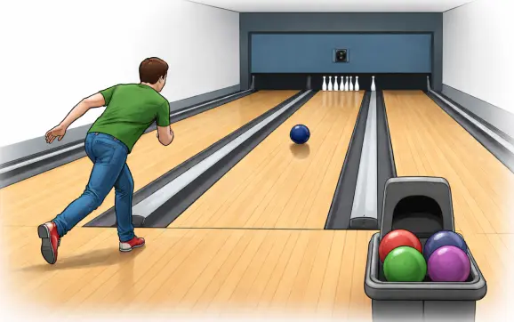 Persona lanzando una bola de boliche en una pista hacia los pinos al fondo en un entorno interior, vista lateral