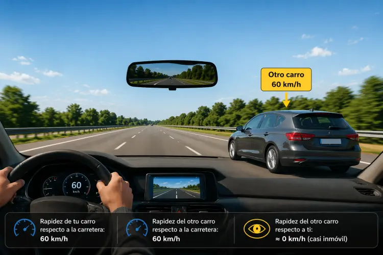 Dos carros avanzan a 60 km/h en el mismo sentido y uno se observa casi inmóvil respecto al otro por la velocidad relativa