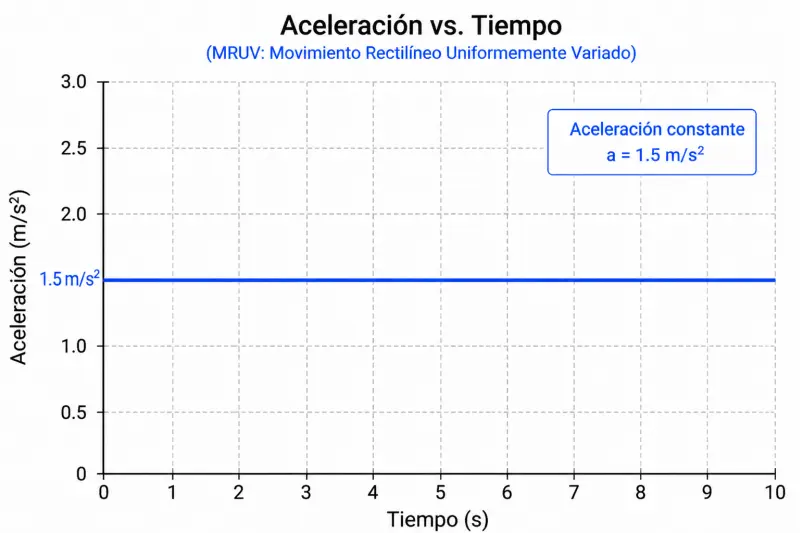 Una gráfica de aceleración contra tiempo que muestra una línea horizontal constante a la altura de 1.5 m/s² en el eje vertical, extendiéndose desde los 0 hasta los 10 segundos en el eje horizontal