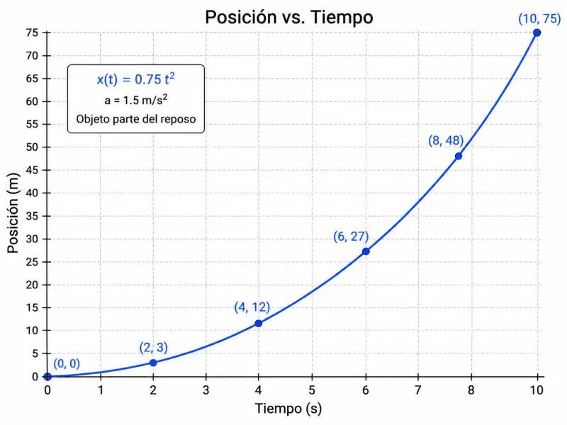 Una gráfica de posición contra tiempo que muestra una curva ascendente (parábola) que inicia en el origen (0,0) y termina en el punto (10 segundos, 75 metros), representando el desplazamiento del autobús con aceleración constante