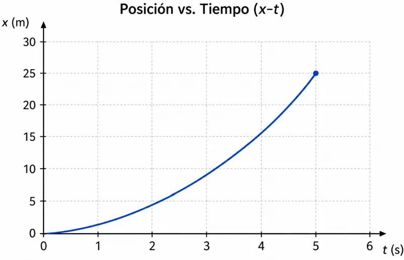 Gráfica de posición contra tiempo mostrando un arco de parábola ascendente desde el origen hasta los 25 metros