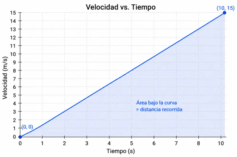 Una gráfica de velocidad contra tiempo que muestra una línea recta diagonal que nace en el origen y alcanza los 15 m/s a los 10 segundos. La pendiente de la línea representa la aceleración constante de 1.5 m/s²