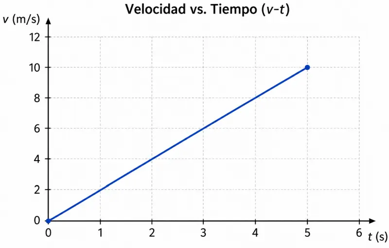 Gráfica de velocidad contra tiempo mostrando una línea recta que parte de 0 y llega a 10 m/s en 5 segundos