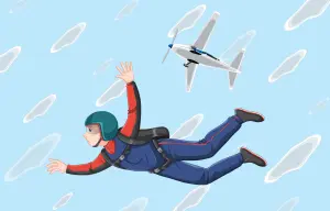 Ilustración de un paracaidista realizando una caída libre mientras un avión vuela al fondo del cielo