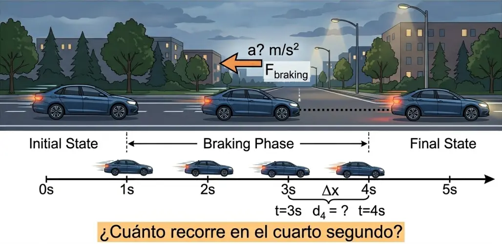 Un vehículo en tres etapas: Estado Inicial, Fase de Frenado (con una flecha de aceleración negativa hacia la izquierda) y Estado Final. En la parte inferior, una línea de tiempo marca el progreso de 0s a 5s, destacando específicamente el intervalo entre el tercer y cuarto segundo