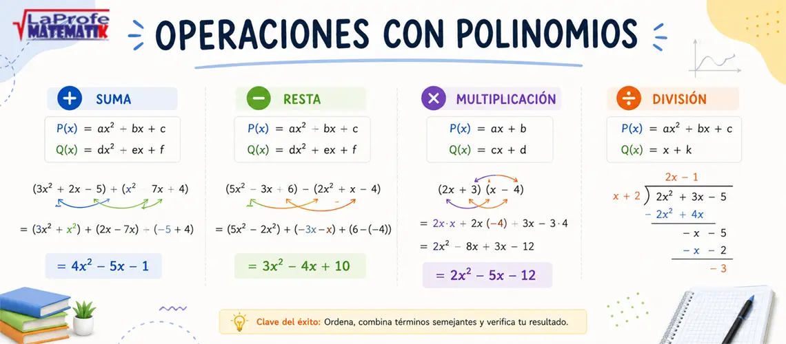 Operaciones con Polinomios: Suma, resta, multiplicación y división paso a paso