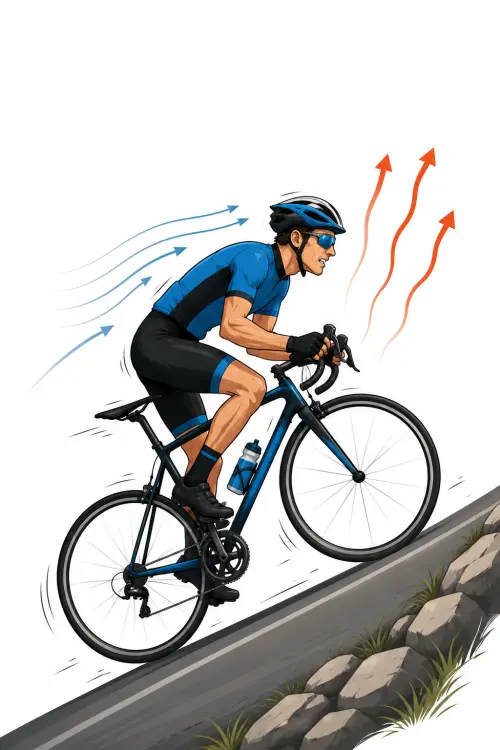 Ciclista pedaleando con fuerza mientras sube una cuesta, venciendo la gravedad y la resistencia del aire