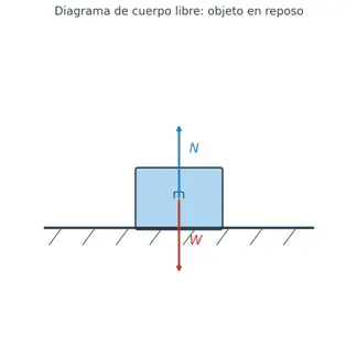 Diagrama de cuerpo libre de un objeto en reposo sobre una mesa, mostrando el peso y la fuerza normal en equilibrio