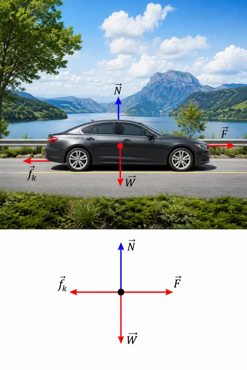 Vehículo en la vía y su representación en diagrama de cuerpo libre.