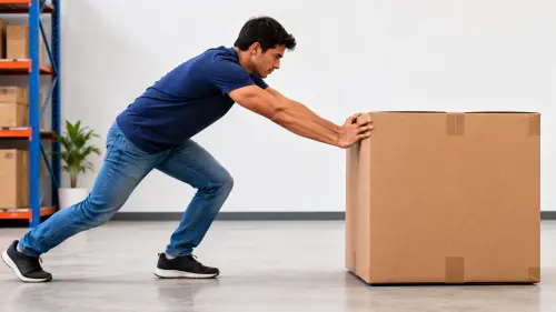 Persona empujando una caja sobre el piso, realizando trabajo mecánico mediante una fuerza aplicada en la dirección del desplazamiento
