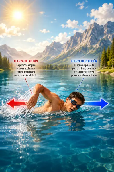 Joven nadando en un lago, ejerce una fuerza sobre el agua y recibe una fuerza de reacción que lo impulsa hacia adelante