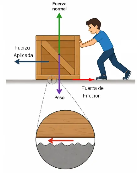 Persona empujando una caja produciéndose la fuerza de roce debido a la rugosidad del piso 