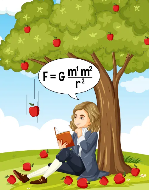 Isaac Newton observando la caída de una manzana de un árbol y reflexionando sobre la gravedad