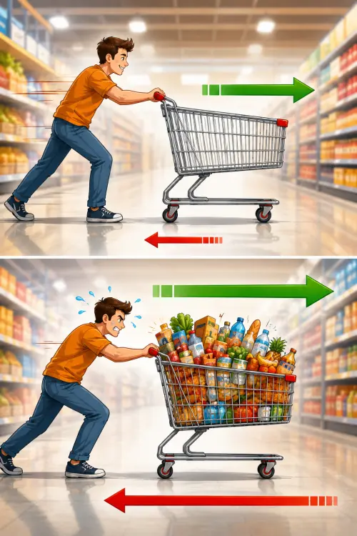 Empujar un carrito de supermercado vacío requiere poca fuerza, mientras que otro con mayor carga requiere aplicarle más fuerza.
