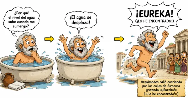 Arquímidez sumergido mostrando como el nivel del agua sube