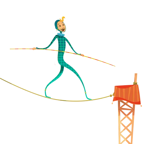 El funambulista mantiene el equilibrio ayudado del largo y flexible contrapeso que sostiene con los brazos, lo que le permite distribuir su masa y controlar mejor su estabilidad sobre la cuerda