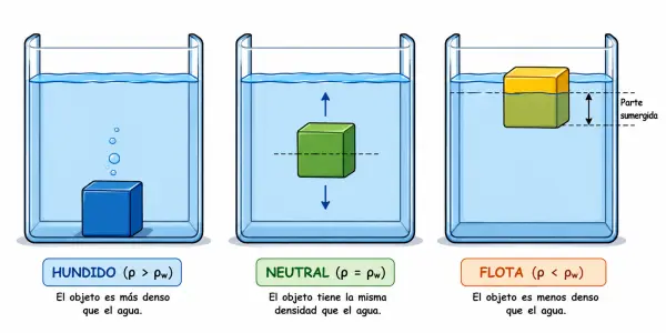 Tres recipientes con agua mostrando, de izquierda a derecha, un objeto denso hundido en el fondo, un objeto de igual densidad que el agua suspendido en equilibrio en el interior del líquido y un objeto menos denso flotando parcialmente sumergido en la superficie