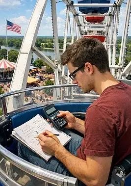 Un estudiante calculando ecuaciones trigonométricas montado en una noria