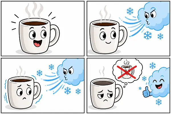 Taza de café caliente baja su temperatura debido al medio