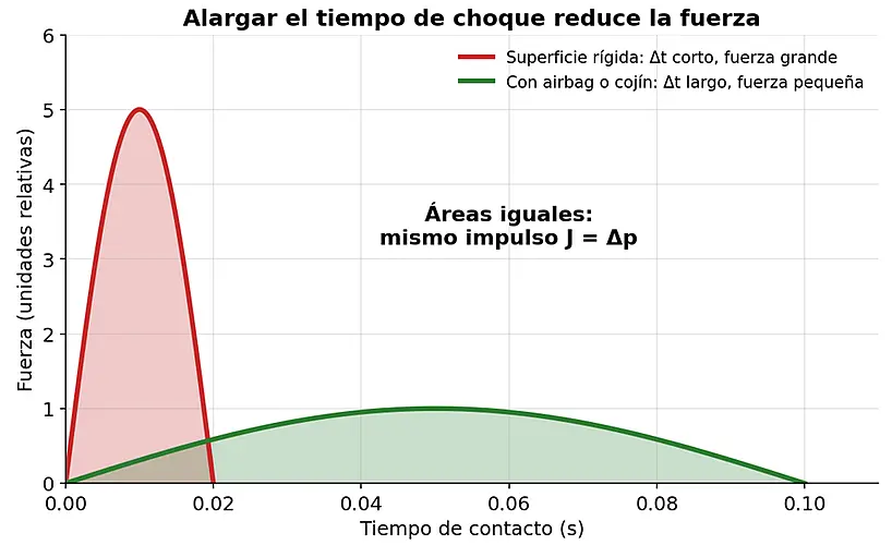 Gráfica fuerza–tiempo con un pulso alto y corto (superficie rígida) y otro bajo y largo (airbag); las áreas son iguales