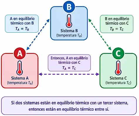 Diagrama de tres bloques A, B y C conectados por líneas punteadas mostrando la transitividad del equilibrio térmico según la ley cero de la termodinámica