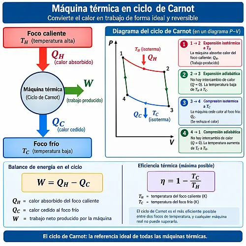 Esquema de una máquina térmica con flechas que representan el flujo de calor QH desde el foco caliente, el trabajo W producido y el calor QC cedido al foco frío