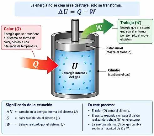 Cilindro con pistón mostrando una flecha de entrada de calor Q y una flecha de salida de trabajo W, con la energía interna U representada en el interior del gas
