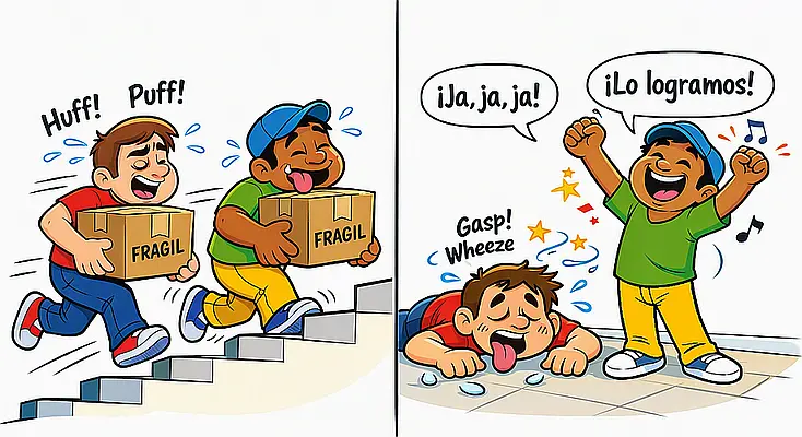 Dos personas subiendo una escalera con cajas idénticas, contraste entre esfuerzo y alegría