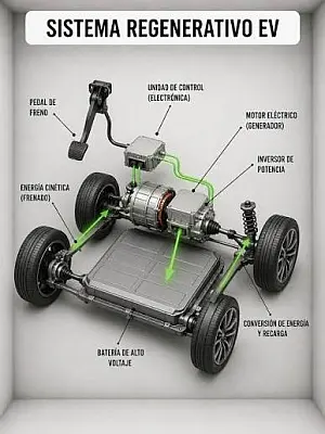Sistema de frenado regenerativo de un vehículo eléctrico, mostrando el motor eléctrico, inversor de potencia, batería de alto voltaje y conversión de energía cinética en energía eléctrica