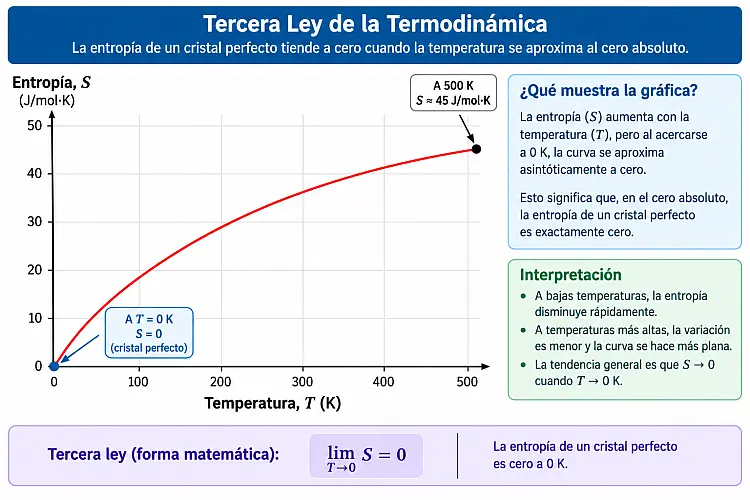 Gráfica de entropía en el eje vertical contra temperatura en el eje horizontal, mostrando cómo la curva se aproxima a cero cerca del origen