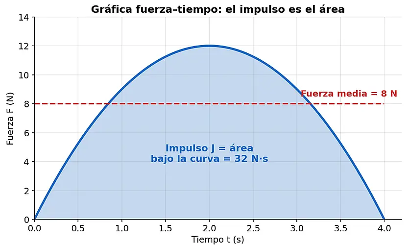 Gráfica de fuerza contra tiempo de 0 a 4 s: el área bajo la curva es 32 N•s y la fuerza media es 8 N