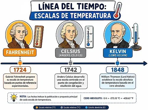 Línea de tiempo ilustrada con los hitos históricos de Fahrenheit (1724), Celsius (1742) y Kelvin (1848)