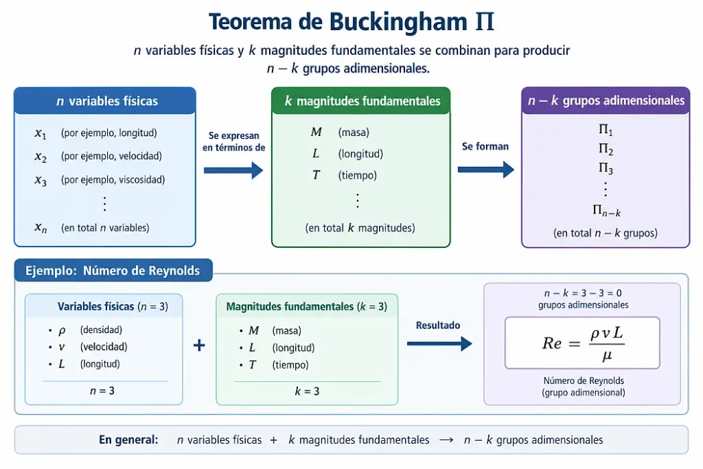 Diagrama que ilustra cómo n variables físicas y k magnitudes fundamentales se combinan para producir n menos k grupos adimensionales, con el número de Reynolds como ejemplo