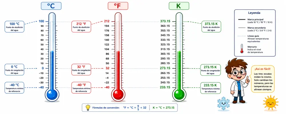 Ilustración de un termómetro con tres columnas graduadas, una por cada escala, alineadas en los mismos niveles de temperatura